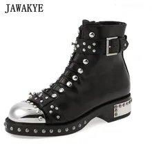 Г., ботильоны в стиле панк для подиума женские мотоциклетные ботинки с металлическим круглым носком и заклепками и пряжкой