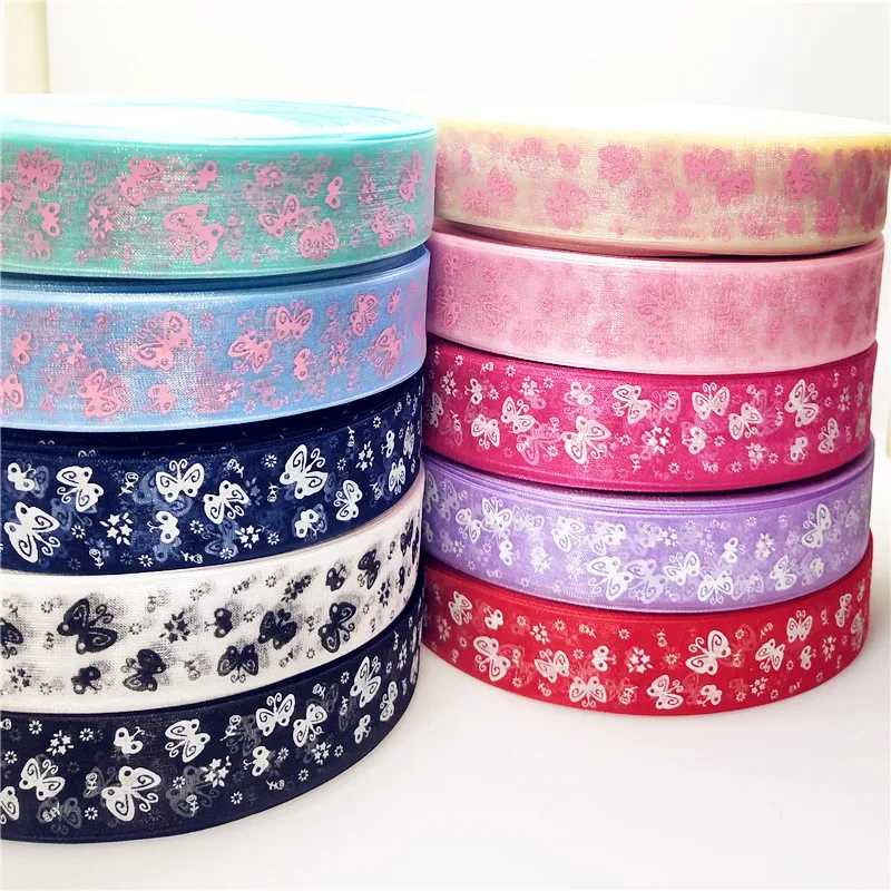

suoja 5meters/lot 25mm Cartoon Butterfly Ribbons Printed Organza Ribbon Tape for Needlework DIY Gift wrapping Decoration
