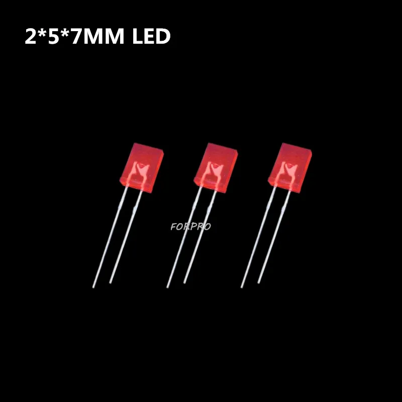 100 шт. LED красный/зеленый/желтый/синий/2*5*7 диффузный прямоугольный диод 2x5x7мм