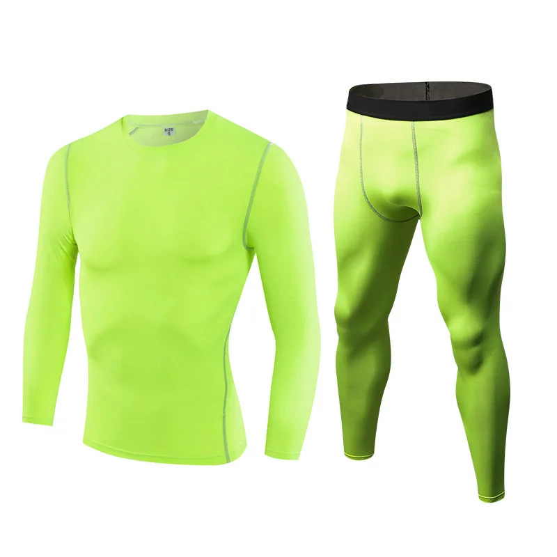 Мужской спортивный комплект, компрессионная одежда для бега, Спортивная футболка с длинным рукавом/Леггинсы для фитнеса, бодибилдинга, трико, одежда, спортивный костюм - Цвет: Зеленый