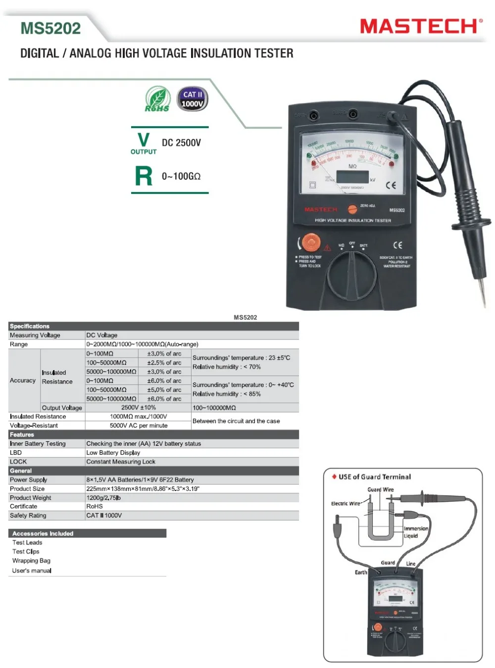 MASTECH MS5202 цифровой/аналоговый/двойной дисплей/указатель мегомметром Megometro тестер сопротивления изоляции Макс до 2500 в 100000 МОм