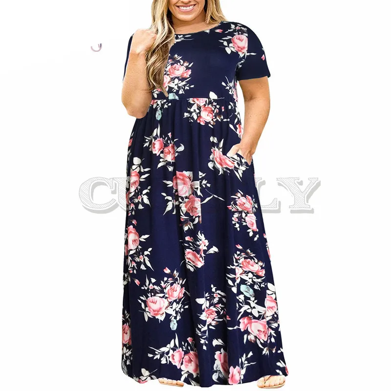 

CUERLY 2019 Hot Sales Women O-neck Long Sleeve Long Summer Casual Dress Plus Size 7XL 8XL 9XL Vintage Maxi Dress With Pockets
