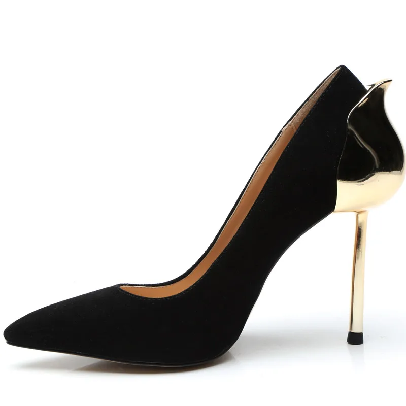 Classic black high heels pumps gold metal heel decoration stilettos women party prom wedding shoes