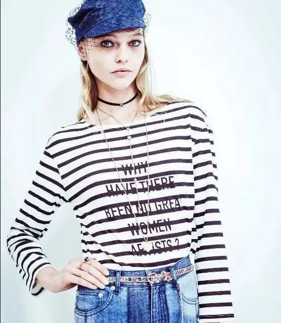 Высокое качество феминизма слоган полоса печатных хлопок с длинным рукавом женская одежда футболка джокер Удобная