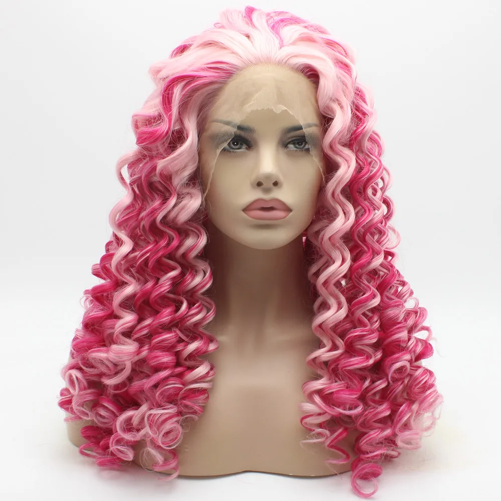 Fashion Cosplay Kinky Curly Colorful Mix Pink Rose Synthetic Lace Front
