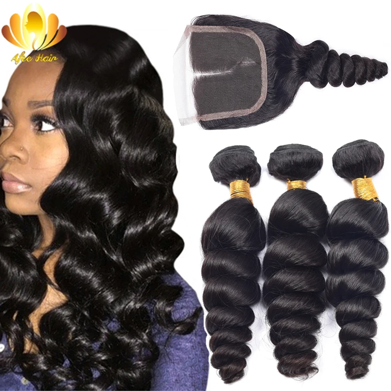 Brazilian Virgin Hair Loose Wave With Closure,7A Brazilian Hair Weave 3 Bundles With Lace Closure Thick Human Hair With Closure