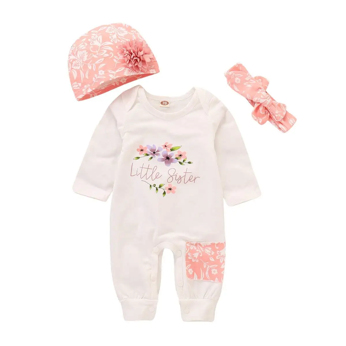 

Oklady Baby Girl Clothes Little Sister Newborn Outfit Print Long Sleeve Romper + Hat + Headband Set 3Pc