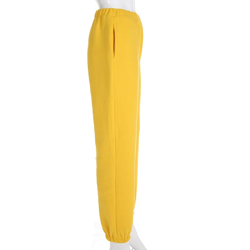 Стильные женские брюки с высокой талией, однотонные желтые свободные штаны для бега, женские брюки, осенние зимние спортивные штаны, панковские Капри, серые желтые