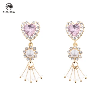 

MENGJIQIAO 2018 New Korean Hot Trendy Rhinestone Love Heart Drop Earrings For Women Elegant Crystal Beads Tassel Pendientes