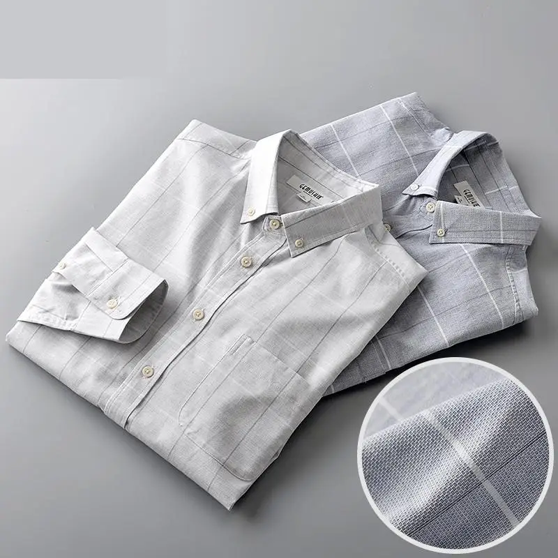 

new arrival Spring autumn 100%Pure Cotton Plaid Texture Long Sleeve Men White Youth Trend Casual Shirts plus size M-4XL 5XL 6XL