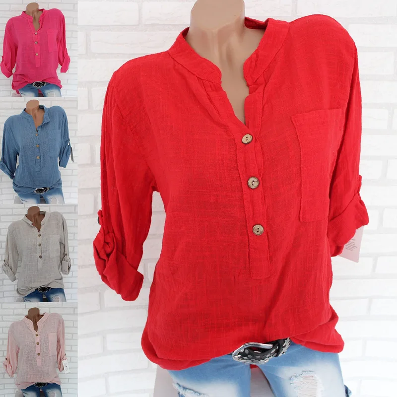 

2019 new women s blouse summer ladies collar solid color button long sleeved large shirt