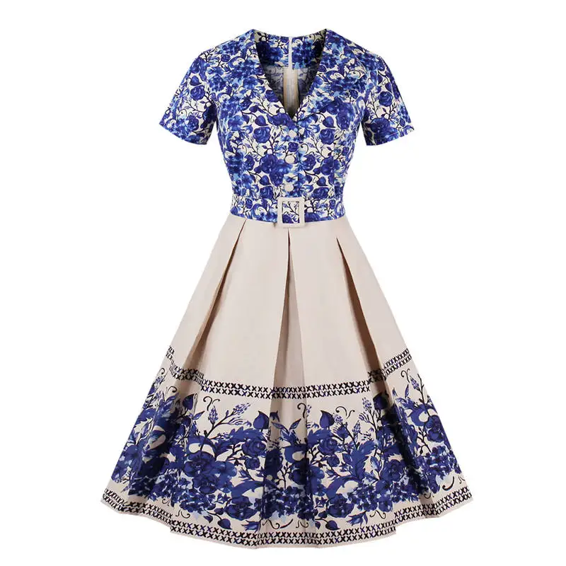 

2018 Womens Blue And White Porcelain Print Summer Dress Elegant Ladies Retro Vintage 50s Short Sleeve Party Swing Dresses S-4XL