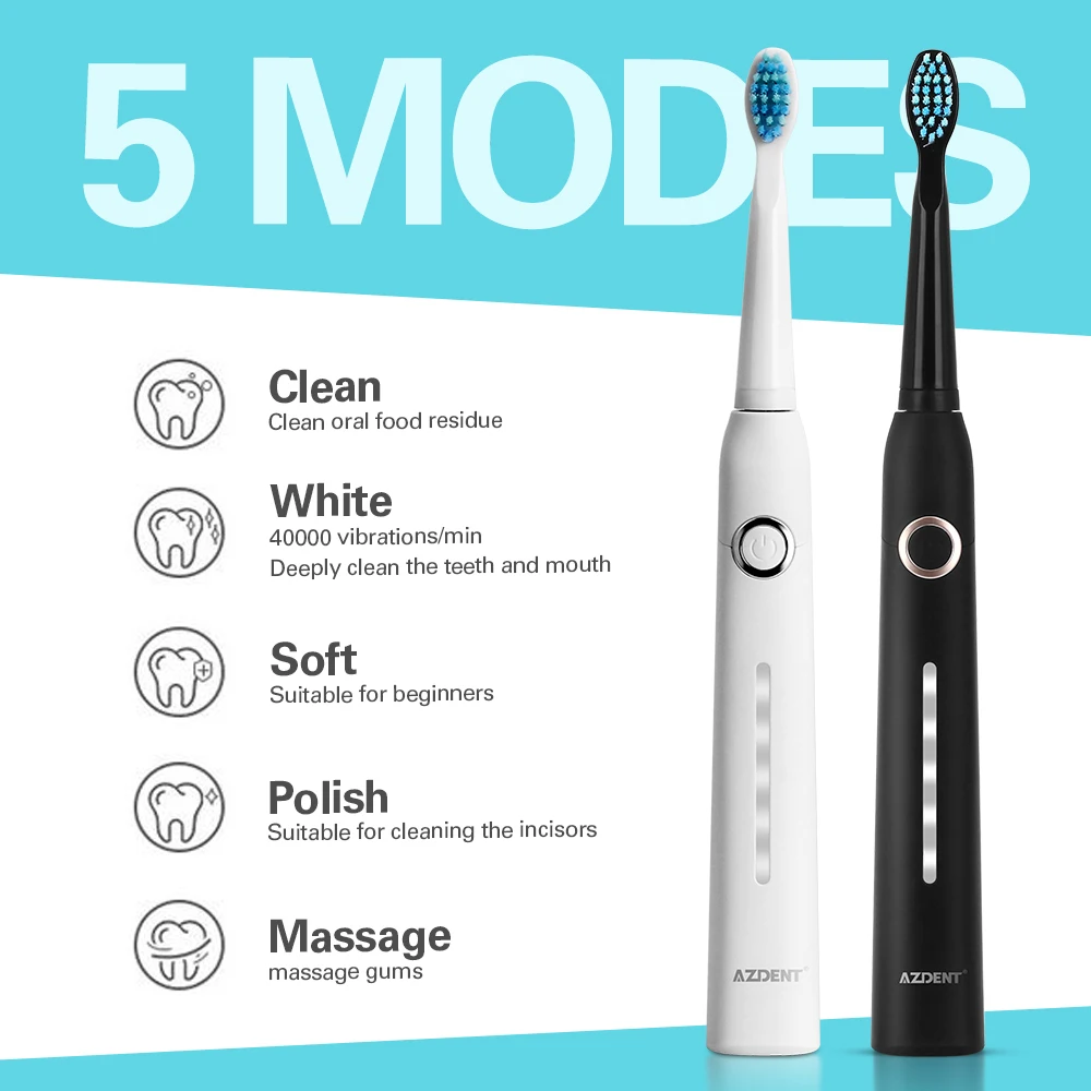 

AZDENT Sonic Electric Toothbrush Three Soft DuPont Brush Heads Five Modes USB Charging with Travel Box Teeth Whitening