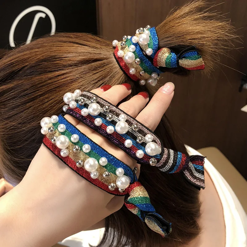New female Elastic Hair Bands fashion Pearls Beads Grid Hair Rubber