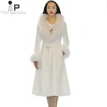 Белое шерстяное пальто женское пальто корейское осеннее высококачественное теплое длинное шерстяное пальто с воротником из искусственного лисьего меха модная зимняя женская куртка