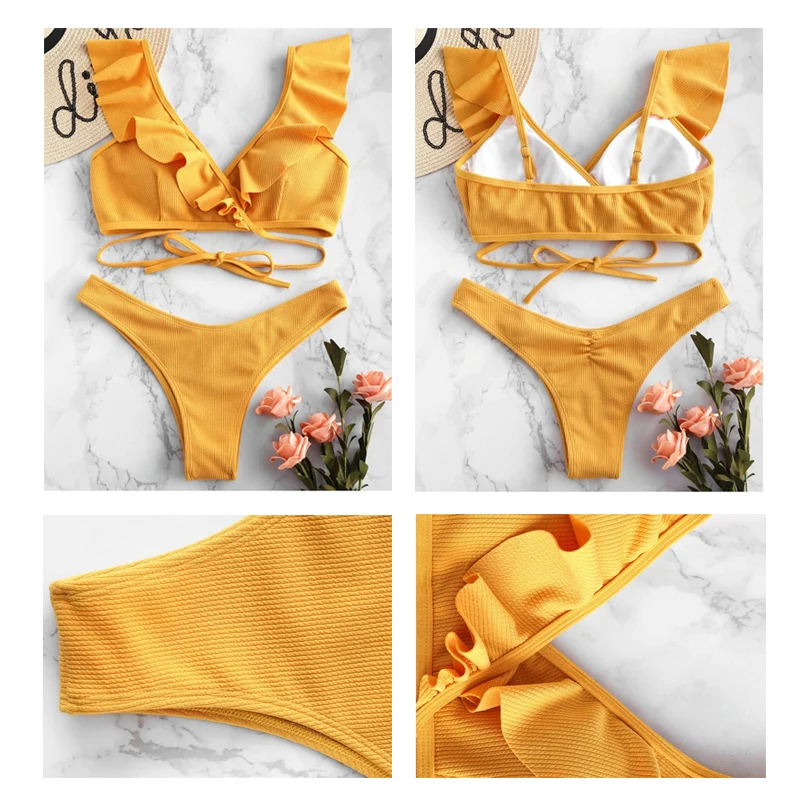LASPERAL 2019 mujeres Halter traje de baño Push Up Bikini Set Ruffle Biquini cintura baja Sexy acanalado traje de baño femenino ropa de playa