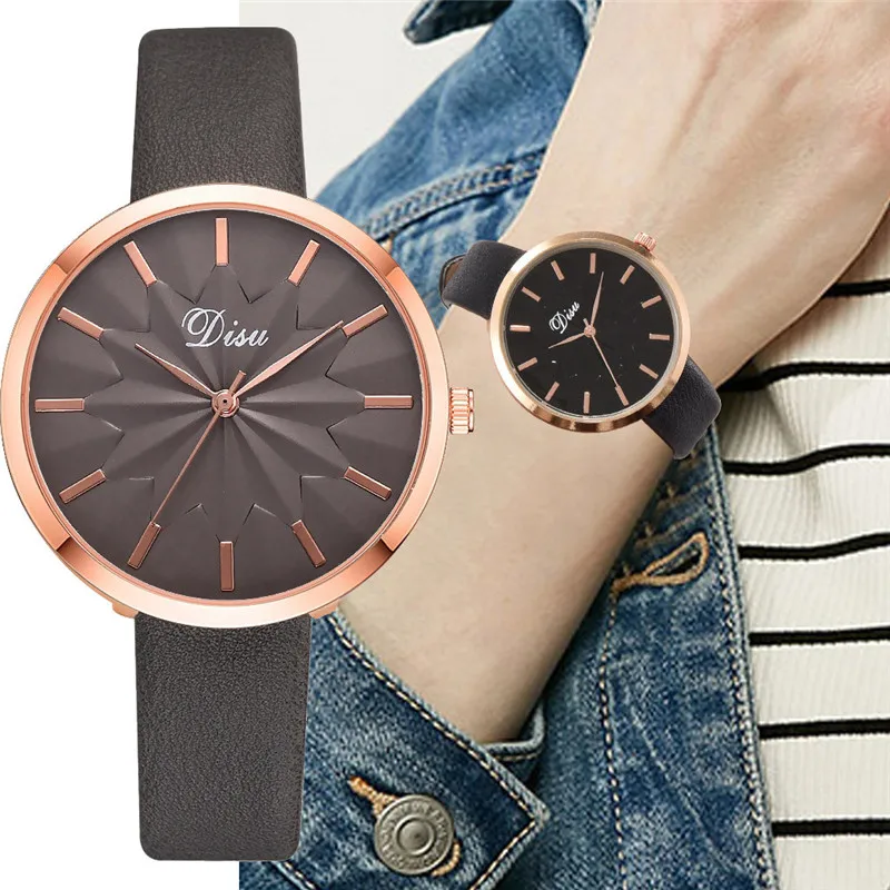 

DISU women Wrist Watch Quartz Luxury Fashion Lady Simple Dial Leather Belt Sun Flower Watches bayan kol saati A4