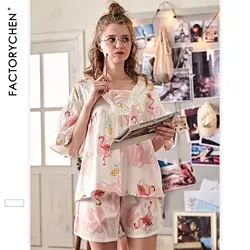 Фламинго свободные Размеры короткий рукав пижама для Для женщин летние шорты Пижама с v-образным вырезом печати пижамы домашней 2-комплект