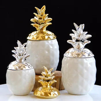 

Nordic Ceramic Pineapple Sealed Jars Creative Gold Silver Home Decorative Pendulum Storage Tank Jewelry Groceries Organizer