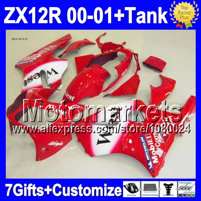 7gifts+Tank For KAWASAKI Red West 2000 12R 2001 ZX12R NINJA M2163 ZX
