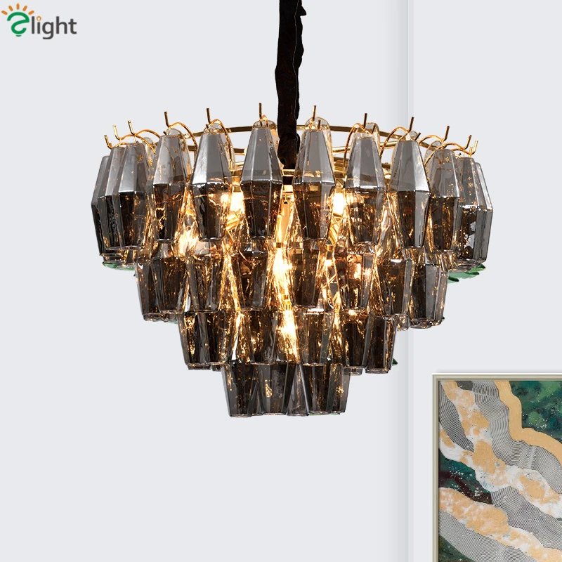 Foyer Luxury Gold Metal Amber / Gray Glass Led Pendant Lights Chain