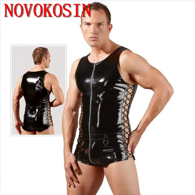 KH38, M-2XL, искусственная кожа, мужской сексуальный боди,, передняя молния до промежности, с обеих сторон, на шнуровке, экзотическое нижнее белье для ночных клубов, мужские боди