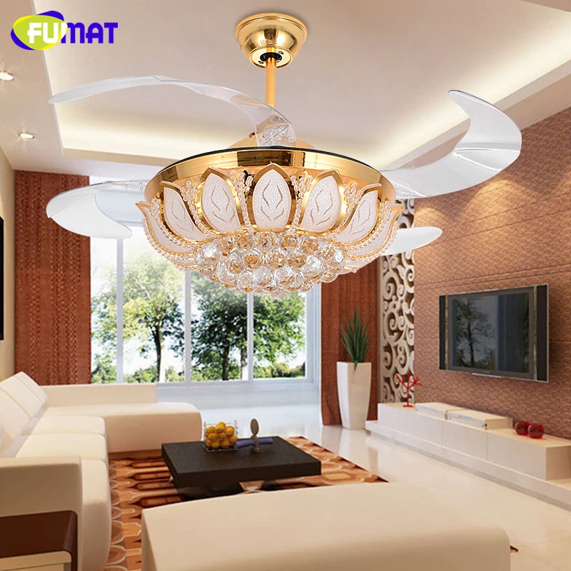 

FUMAT Crystal Invisible Retractable Ceiling Fans LED Light Ceiling Lights Ceiling Lamp For Foyer Bedroom Energy Remote Control