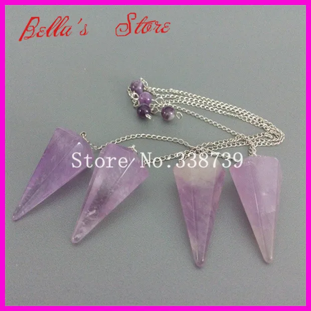

5pcs Natural Faceted Cone Pendulum with Silver Color Chain Pendants,6mm Purple Quartz Round Beads Hypnosis Pendant 17x35mm