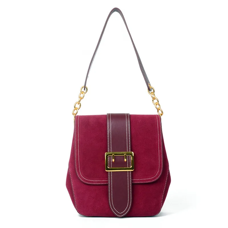 

Burgundy Suede Genuine Leather Crossbody Bags For Women Luxury Handbags Women Bags Designer Buckle Vintage Bucket Shoulder Bags