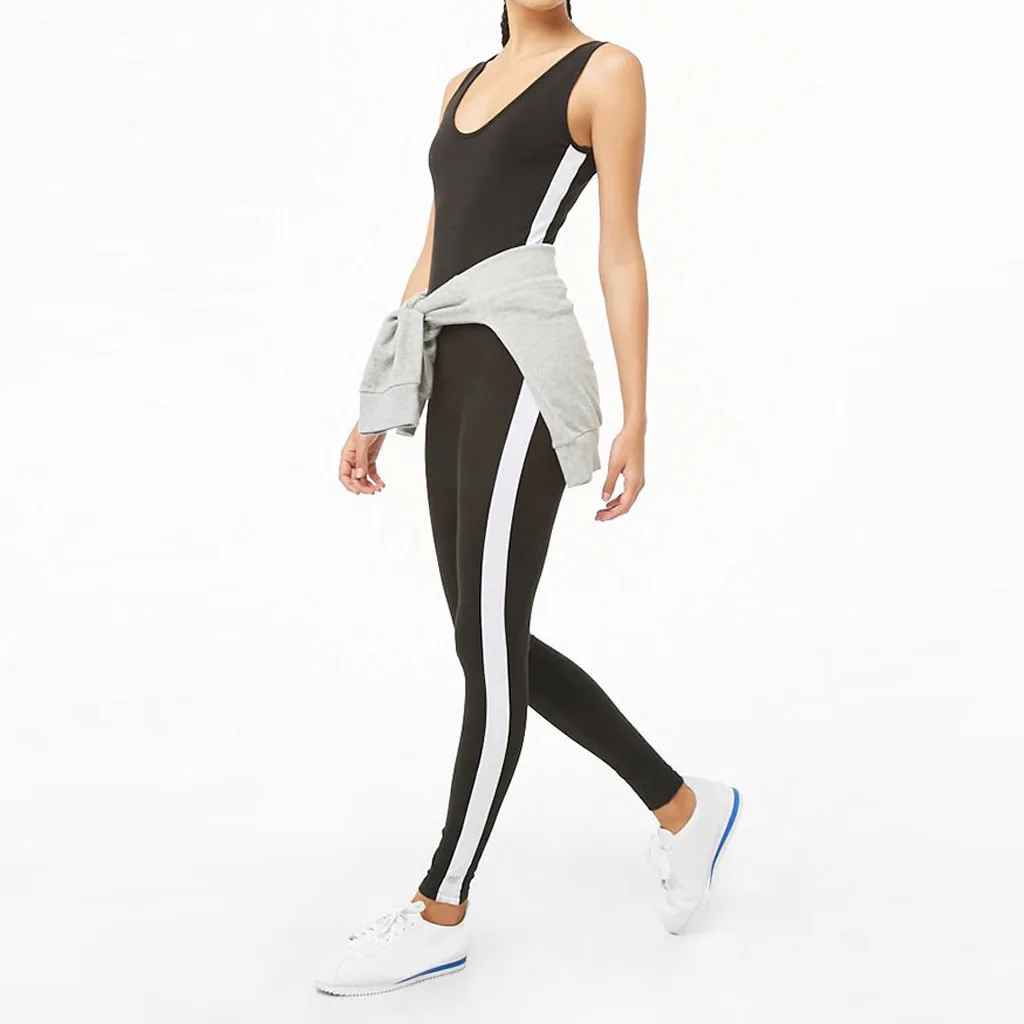 

Women's Tight White Strip Sports Fitness Strapless Loose Party beach Jumpsuit Hollow-out Pants Women Jumpsuit Playsuit Summer