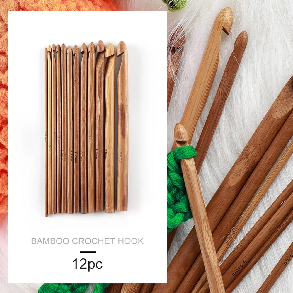 12 Pcs Bamboo Crochet Hook Set Multi-Size Multifunction Crafts Knitting Tools Household DIY Knitting Needles Handle Knitting Set