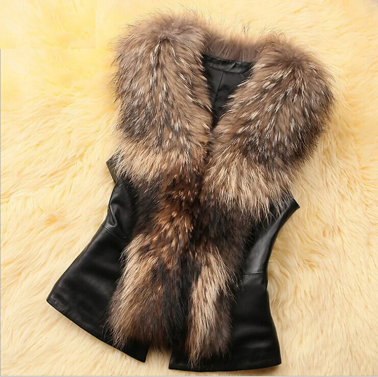 

S-XXXL Black Brown Big Fur Collar Women Sleevelss Fringe Vest Faux Leather Patchwork Slim Short Vest Back Bow Fur Gilet J52