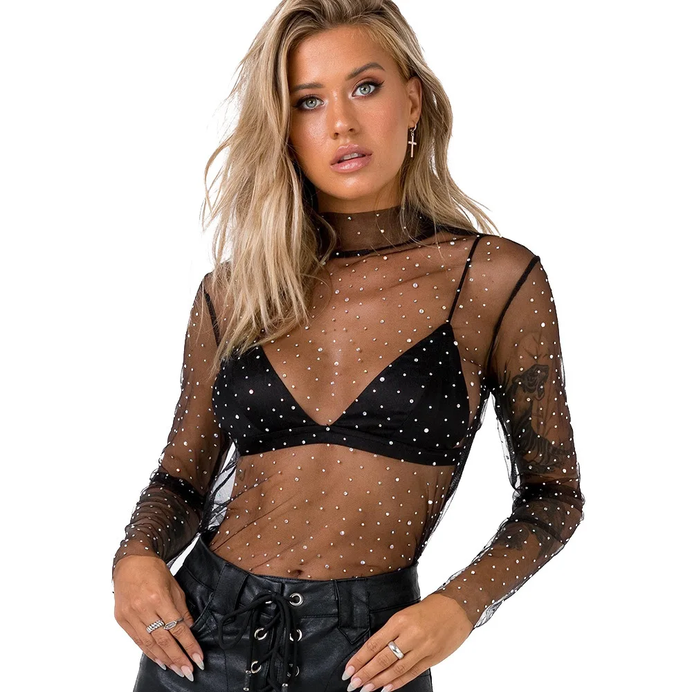 

Women Sexy Transparent Mesh Shirt Tops Tees 2019 Summer Turleneck Long Sleeve Sequined Black White Sexy Mesh Tops Female Costume
