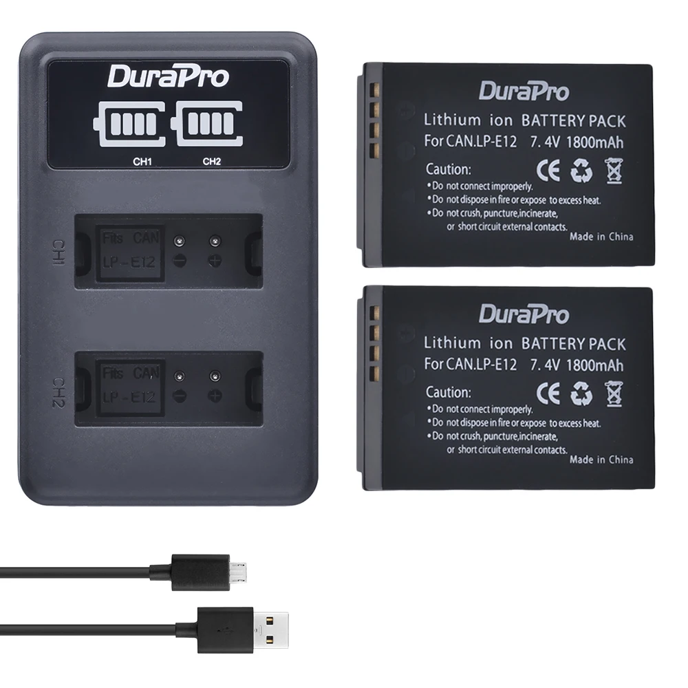 2 шт. 1800 мАч LP-E12 LPE12 LP E12 батарея + светодиодный USB двойное зарядное устройство для