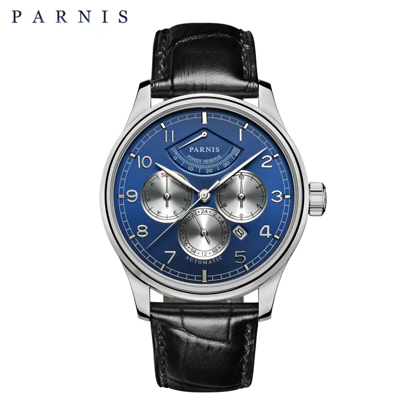 Повседневные механические мужские часы Parnis 42 мм с синим циферблатом Miyota 9100 Автоматическая Дата фаза Луны автоматические мужские наручные часы Мужские часы - Цвет: Blue Dial