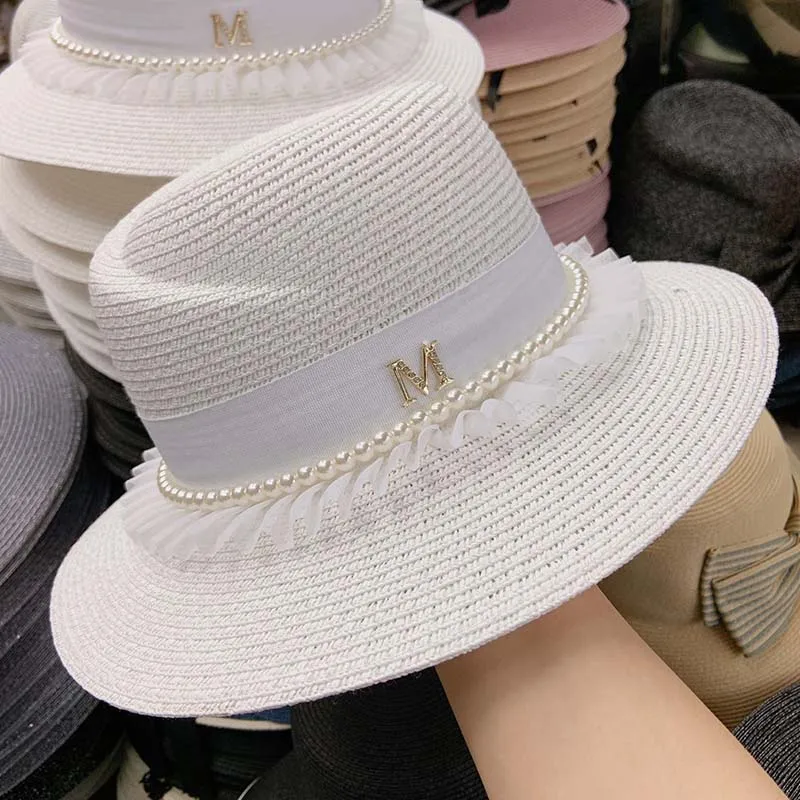 

Women Foldable Wide Brim Sun Hats Ladies Lace Pearls Trim Black White Fedoras UPF 50+ Bucket Straw Hats Summer Beach Jazz Cap