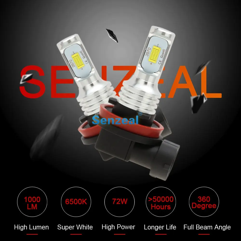 

SENZEAL 2pcs CSP 3570 H8 LED Fog Light H11 Car Daytime Running Light Bulbs H9 72W 1000Lm H10 DRL Car Lights 12-24V Led Auto Lamp