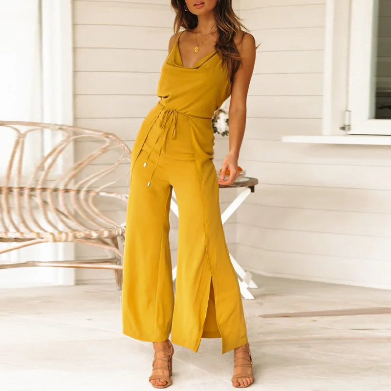 

Melegant Solid Yellow Lace Up Beach Wide Leg Jumpsuit Romper Women Casual 2019 Jumpsuits Lace Up Spaghetti Strap Romper