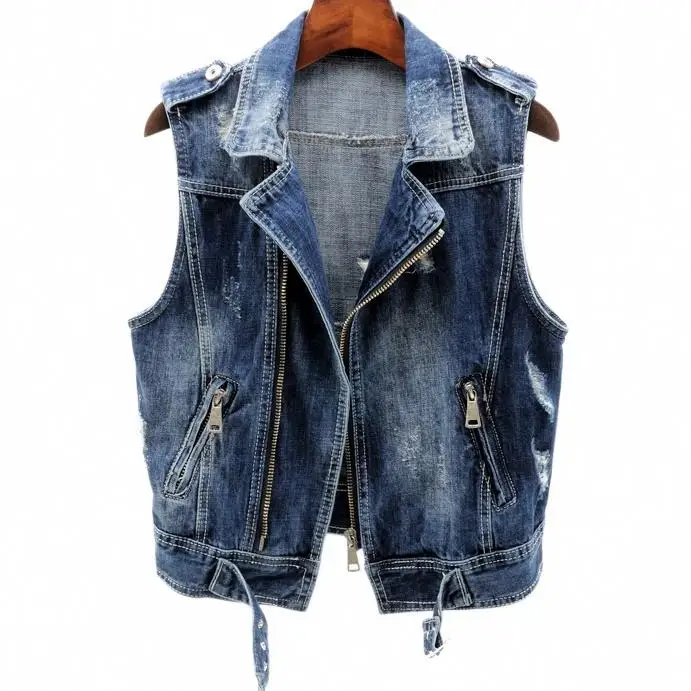 plus size 2XL loose Womens Denim Vests Sleeveless Turn down Collar