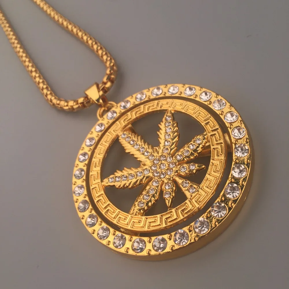 New 24K Golden Iced Out Bling rotate Weed Leaf Charm Hip Hop Men Jewelry Weed Rhinestone