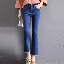 Новая мода Высокая талия стрейч вымытые джинсы для женщин кисточкой джинсовые узкие брюки-скинни расклешенные джинсы черные синие повседневные брюки