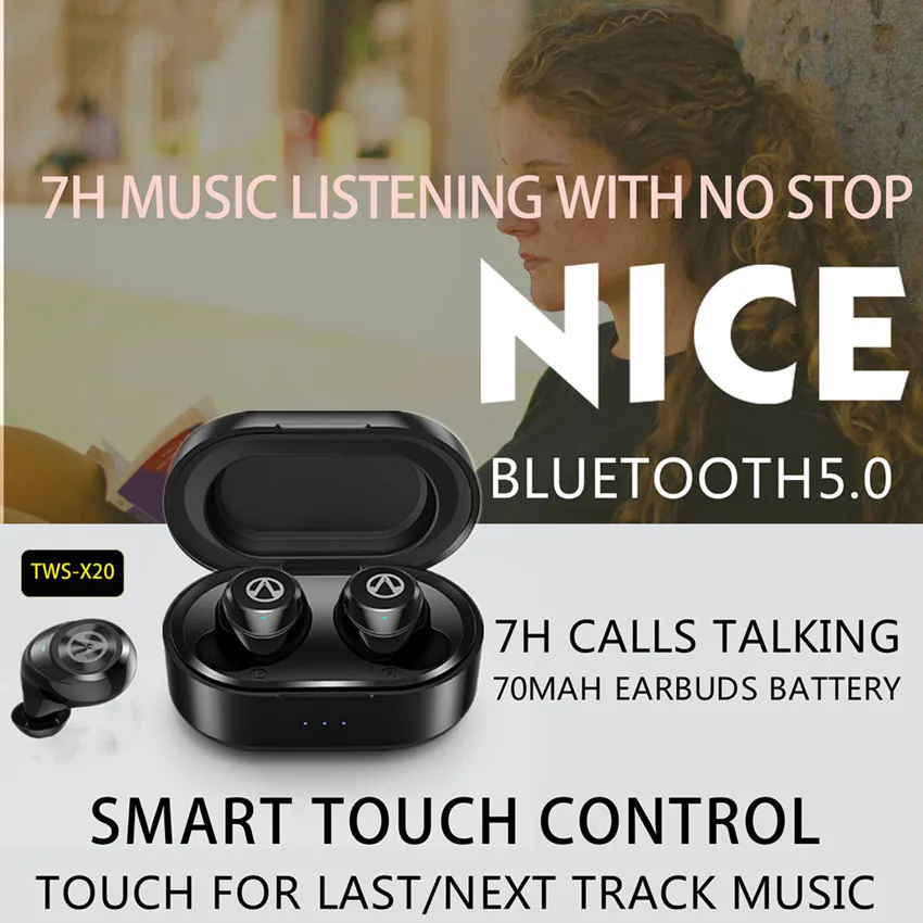 TWS X20 Bluetooth V5.0 наушники с сенсорным управлением стерео музыка IPX5