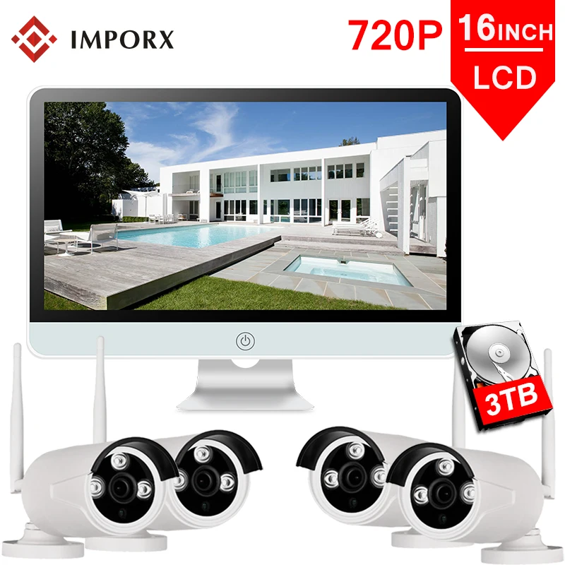 

IMPORX 4CH 720P Wireless Security CCTV Camera System 16" LCD Display NVR Kits Outdoor WIFI P2P IR Vision Night Surveillance Sets