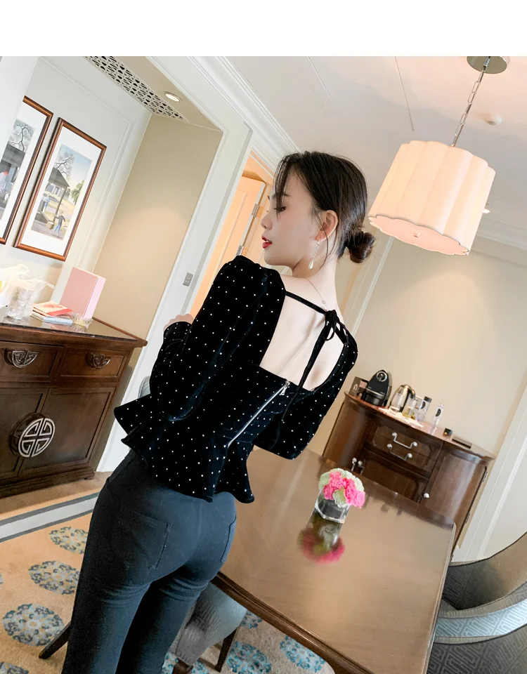 30-Винтаж 50 s бархатный квадратный воротник с пышными рукавами блуза с оборками в черном плюс размер Блузка корейский стиль blusas горный хрусталь деталь