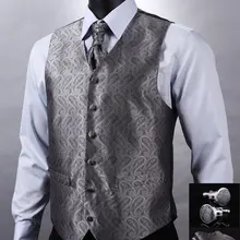 VE01 Серый Серебряный Пейсли Топ Дизайн Свадебные Для мужчин шелковый жилет, жилет с карманом, квадратные запонки набор галстуков для костюм-смокинг