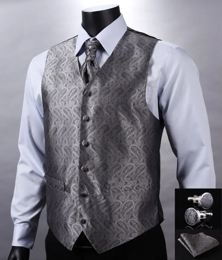 VE01 Gray Silver Paisley Top Design Wedding Men 100Silk Waistcoat Vest