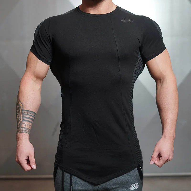 Компрессионная рубашка с коротким рукавом, одноцветная футболка для бега, мужские летние футболки для фитнеса, быстросохнущие топы для бодибилдинга, кроссфита, M-2XL - Цвет: Черный
