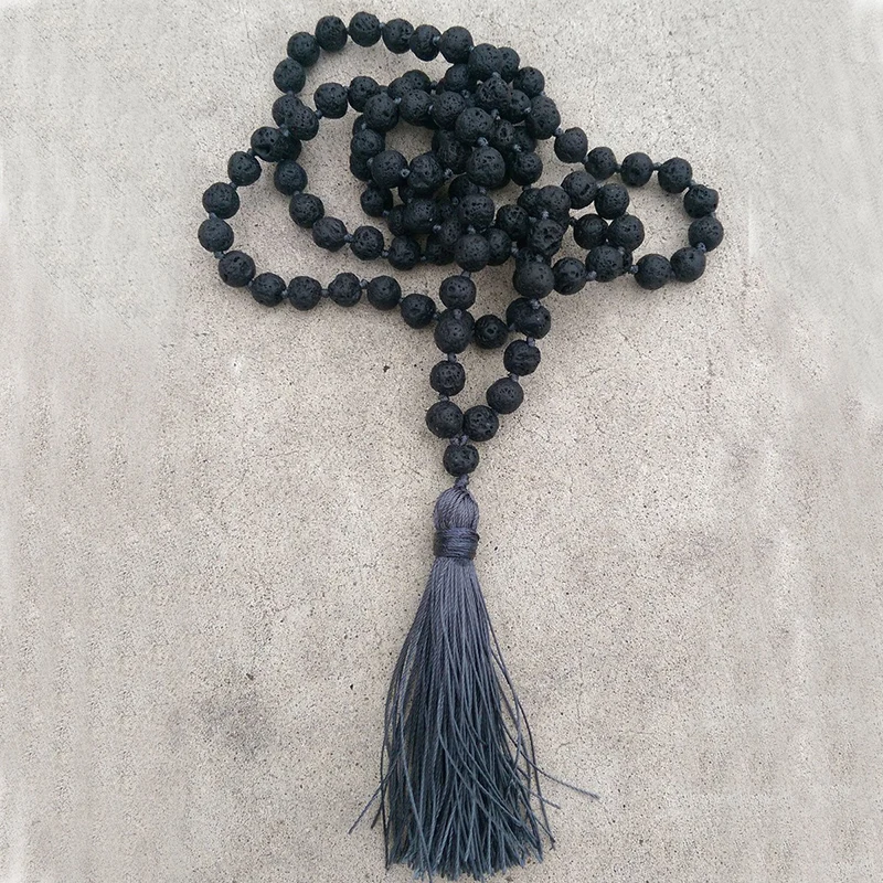 

Traditional Hand Knotted Necklace Collier Femme 8mm Black Lava Stone Grey Tassel Mala Necklace 108 Bead Meditation Yoga Jewelry