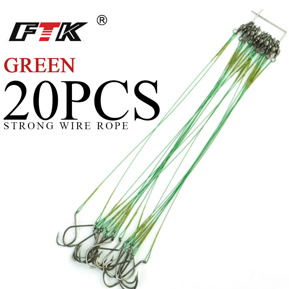 FTK 20PCS 1/0#-5/0# 40LB-80LB Fishing Line Steel Wire Leader With Rolling Swivels Duo-Lock Snap Anti-bait Fishing Hooks