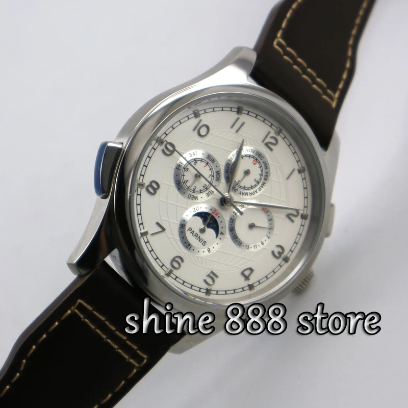 

Parnis watch 44mm White dial Leather strap Silver hands Moon Phase week and date Multifunction Automatic movement Men's watch